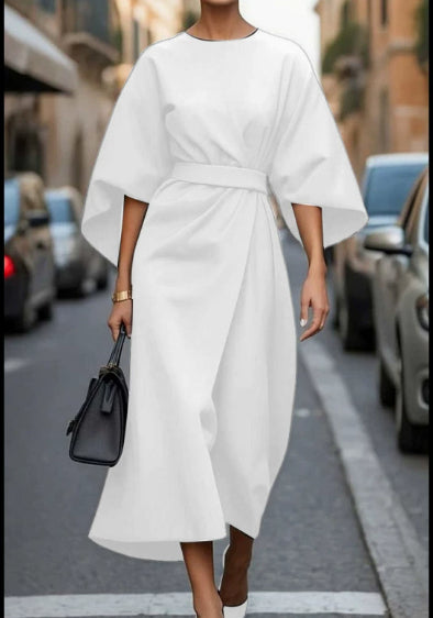 Loose Batwing Sleeve Dress Fashion Waist-tighted Solid Color Elegant Dresses For Women Clothing