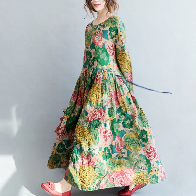 2026 Ethnic Print Long Sleeve Midi Dress, Plus Size