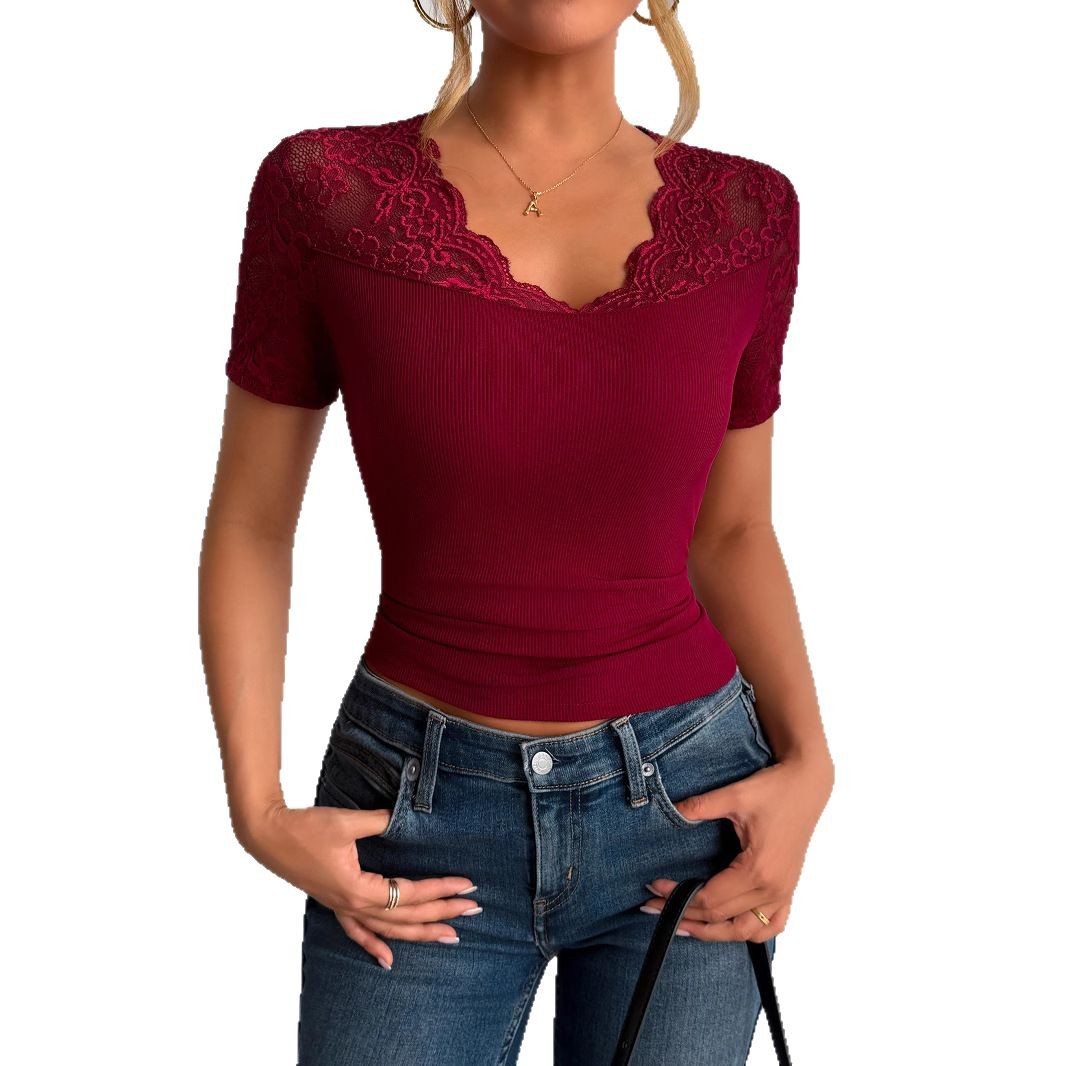 Neckline Cuff Stitching Lace Clothes Spring Women