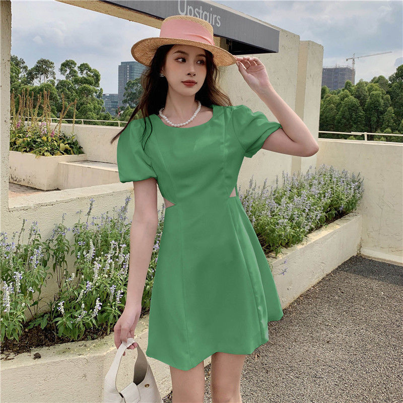 New Waist-tight Slimming Puff Sleeve Short-sleeved Elegant Midriff Outfit A- Line Skirt For Women