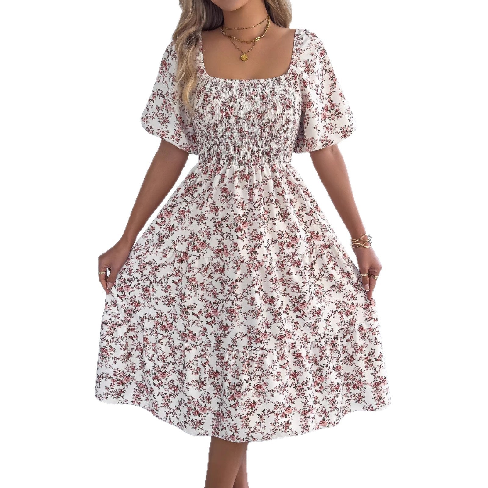 Floral Short-Sleeve Slim-Fit Dress Womens Clothing