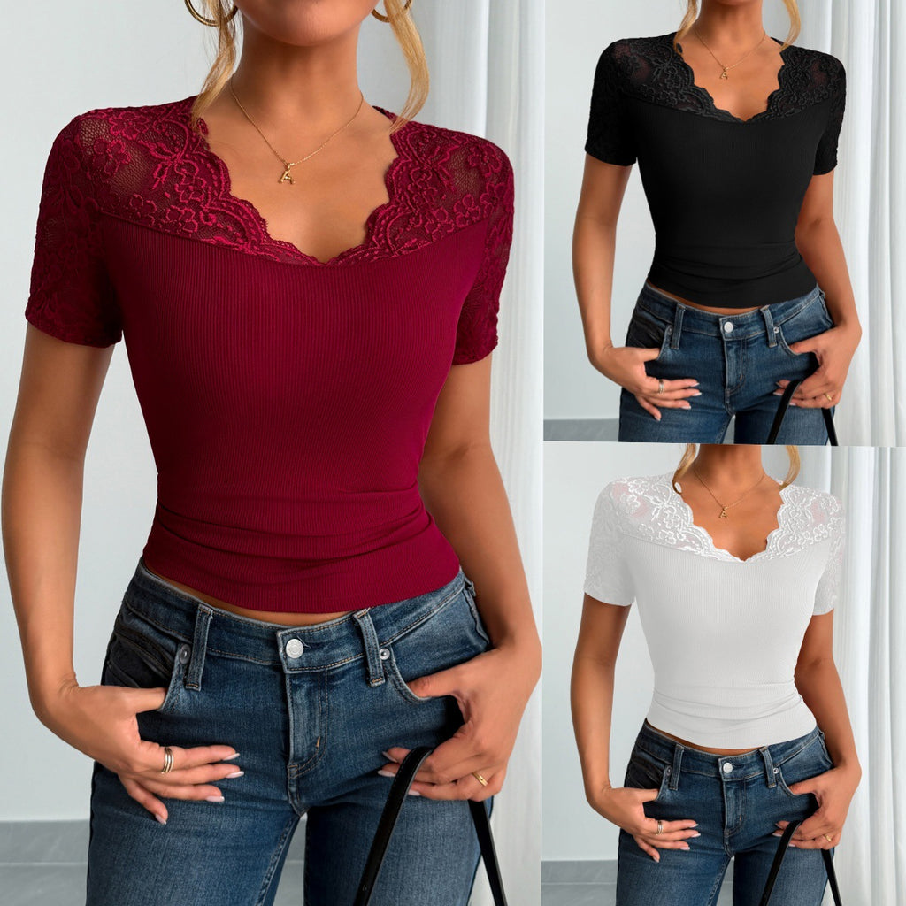 Neckline Cuff Stitching Lace Clothes Spring Women