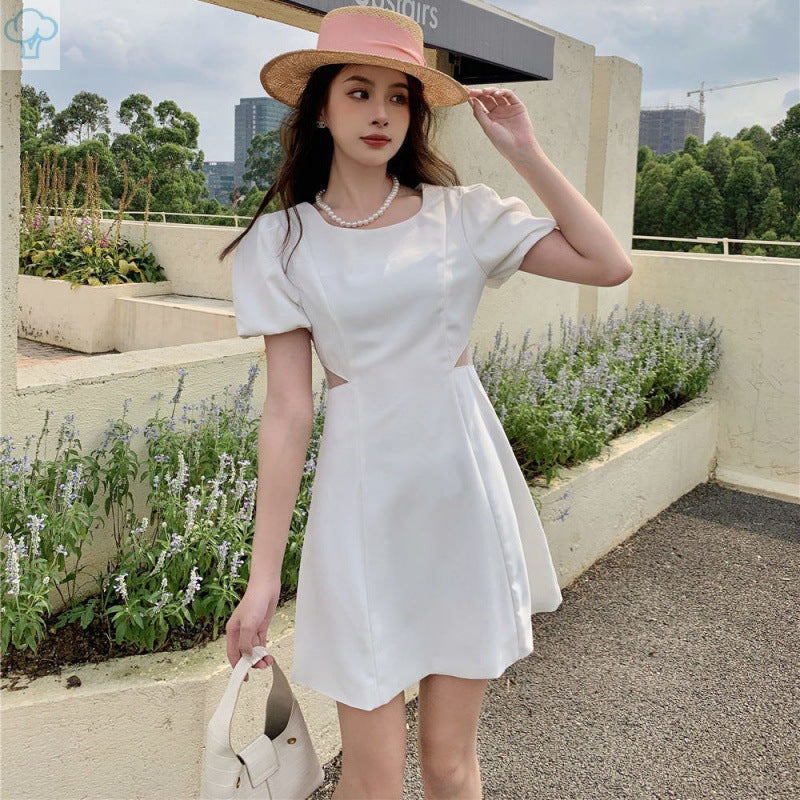 New Waist-tight Slimming Puff Sleeve Short-sleeved Elegant Midriff Outfit A- Line Skirt For Women