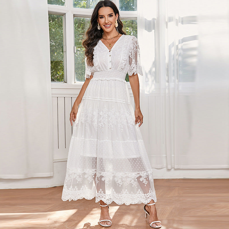 Lace V-neck Patchwork Dress Women