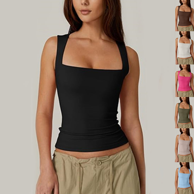 Summer Square-neck Tank Vest Ins Fashion Slim Solid Sleeveless Tops For Women Clothing