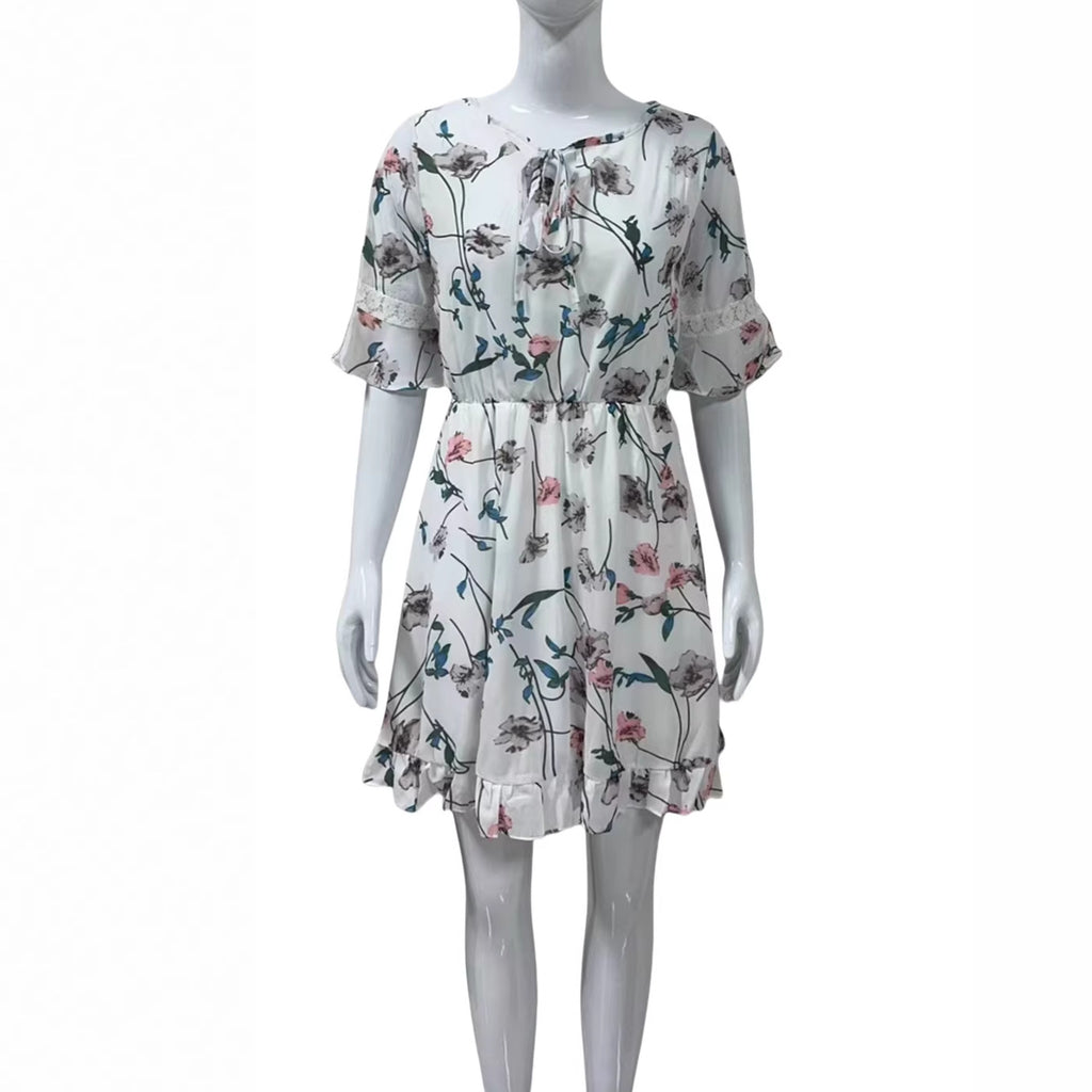 V-neck Lace-up Floral Print Dress Womens Clothing